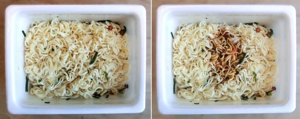 「背脂風四川麻婆味やきそば」のお湯を捨てた直後（左）と ソースをかけた直後（右）