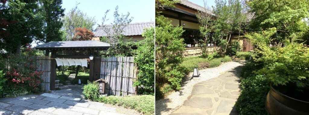 お店の門(左)と 玄関に続くお庭(右)