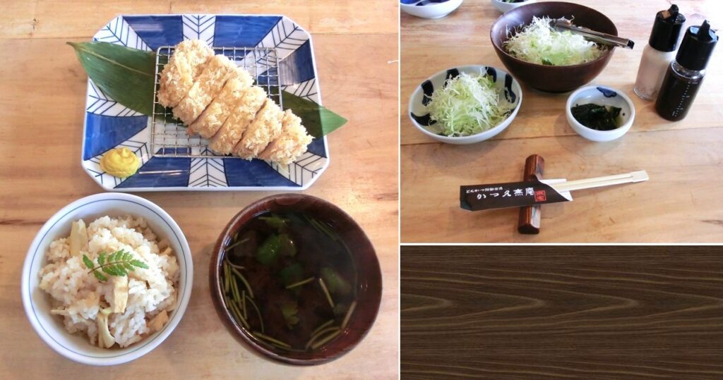 定食一式:メイン、ごはん、みそ汁(左)と キャベツ、おしんこ(右上)