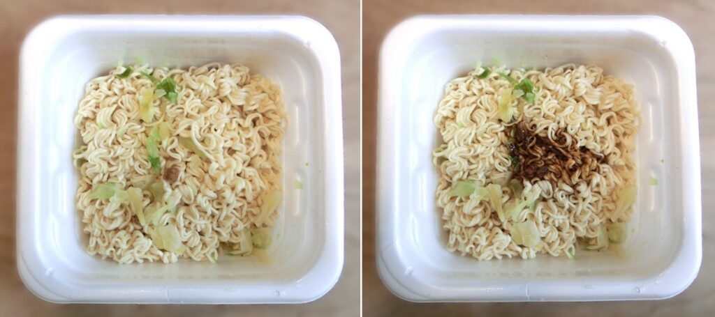「ちょい辛」のお湯を捨てた直後(左)と ソースをかけた直後(右)
