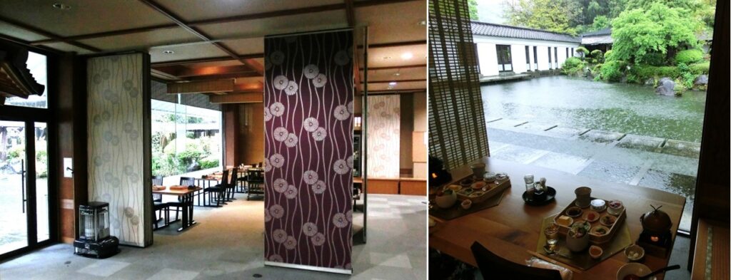 朝食会場（左）と テーブルから眺める池（右）