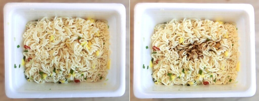 「やきそば葱油拌麺」のお湯を捨てた直後（左）と ソースをかけた直後（右）