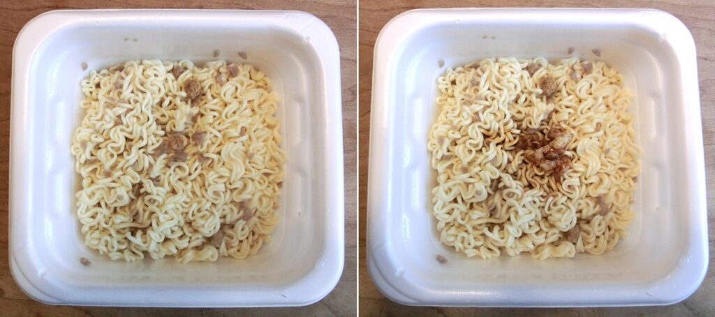 「十勝豚丼味」のお湯を捨てた直後（左）と ソースをかけた直後（右）