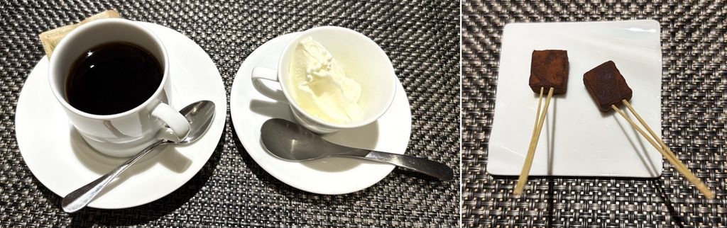 上川産ミルクのジェラートとカフェ(左)と チェフ手作りの生チョコ(右)