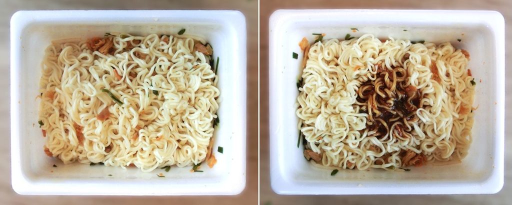 「ビビンバ風やきそば」のお湯を捨てた直後(左)と ソースをかけた直後(右)