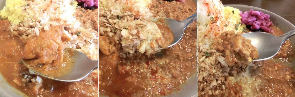 チキンカレー（左）、フライドオニオンとアチャール（中央）、ポークキーマカレー（右）