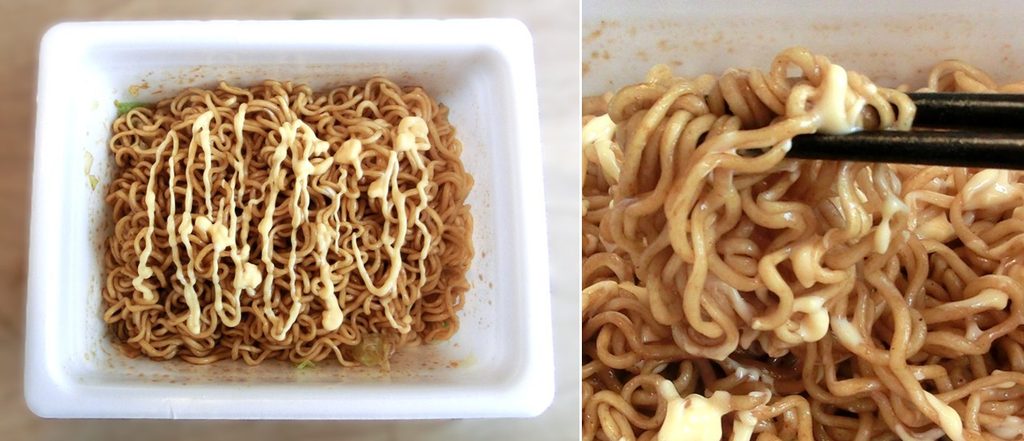 完成した「イカ焼き風やきそば」:マヨネーズをかけた後
