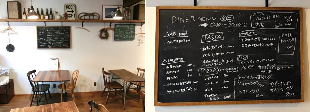 店内の様子(左)と 食事のメニュー(右)