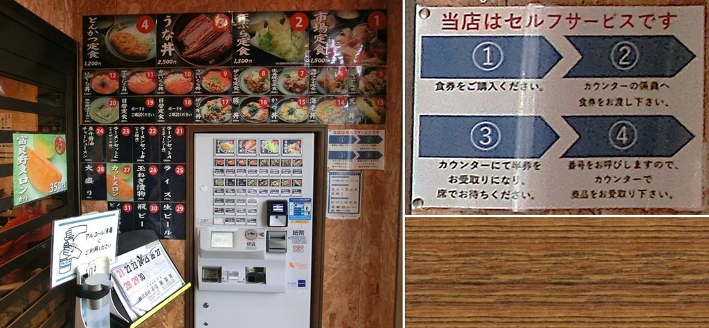 メニュー一覧と発券機(左)と セルフサービスの流れ(右)