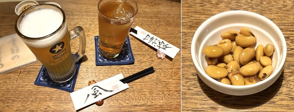 とりあえずビール（左）と お通しの「酢大豆」（右）