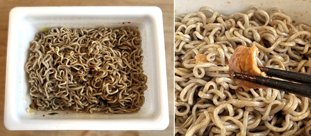 完成した「肉おろし蕎麦風」（左）と 豚肉の拡大（右）